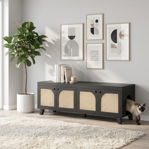 Double Rattan Cat Litter Box Enclosure in Black