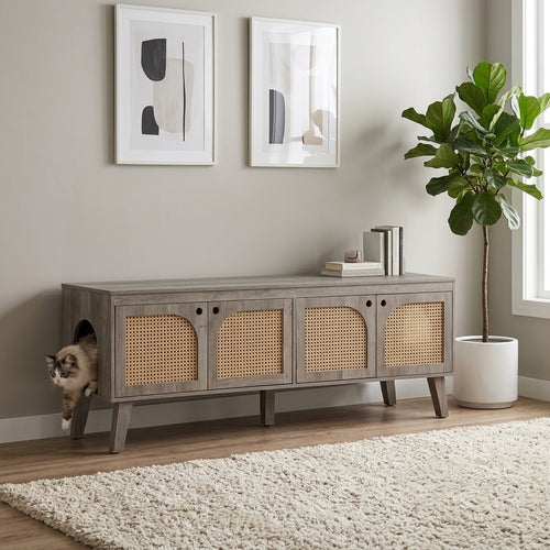 Double Rattan Cat Litter Box Enclosure in Grey