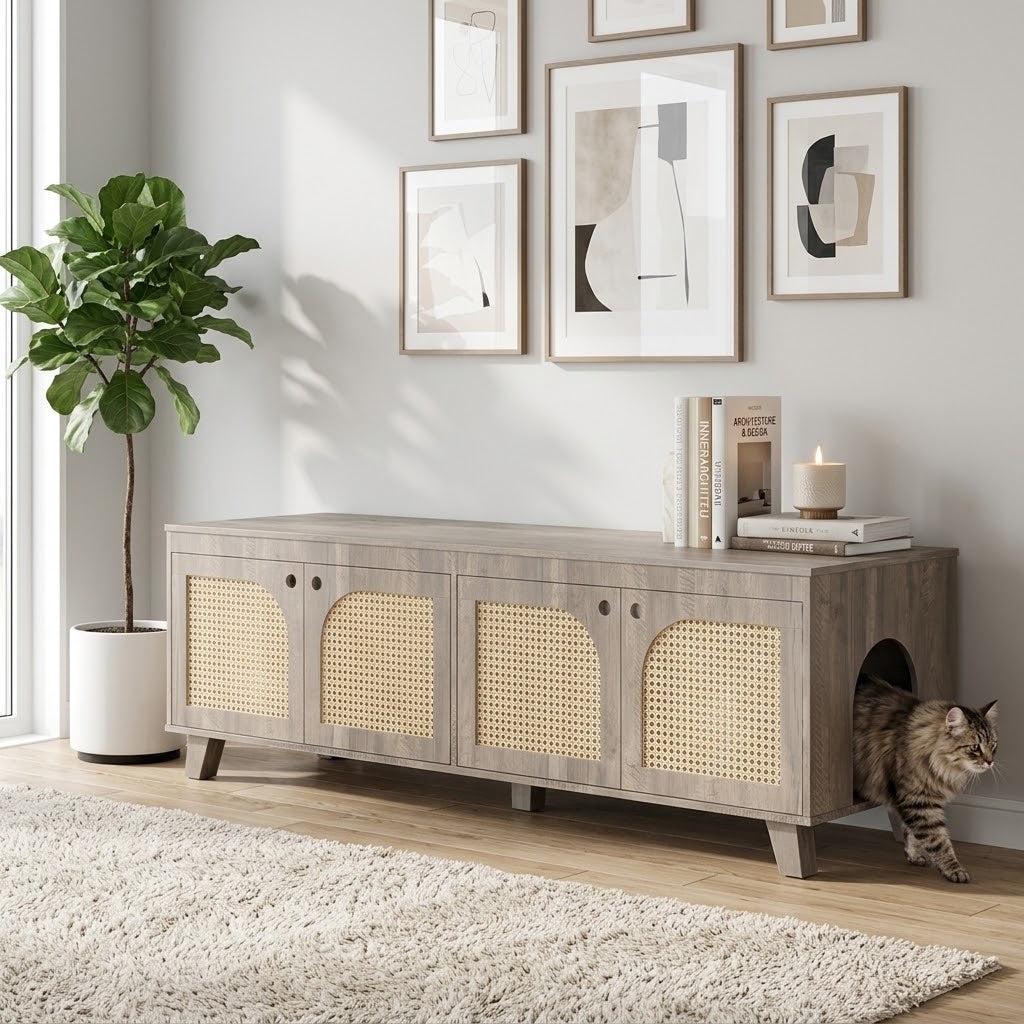 Double Rattan Cat Litter Box Enclosure in Grey