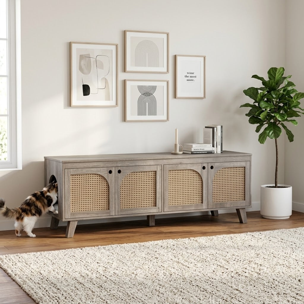 Double Rattan Cat Litter Box Enclosure in Grey