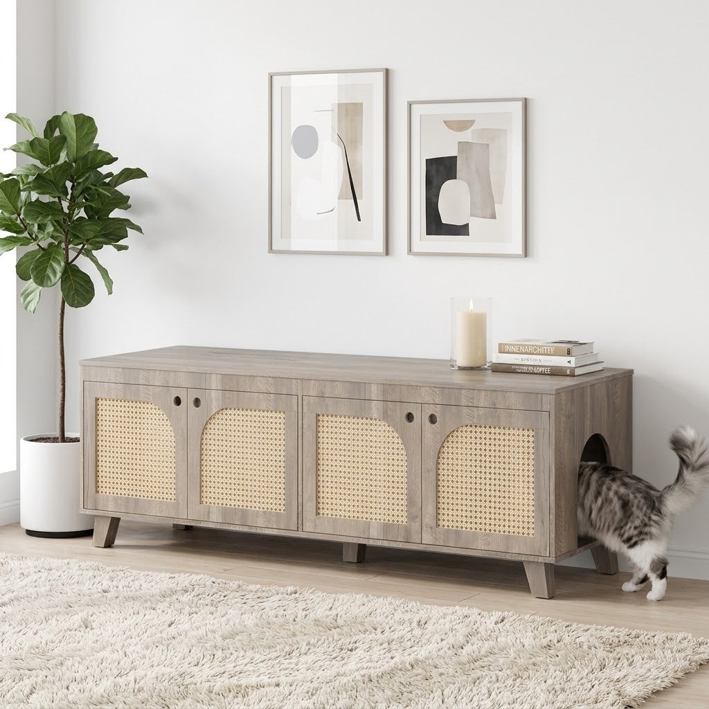 Double Rattan Cat Litter Box Enclosure in Grey